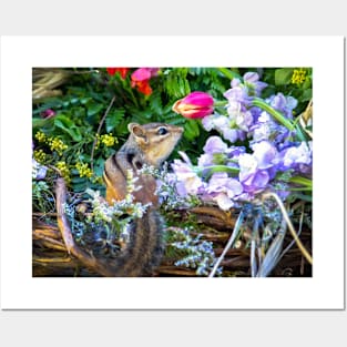 Tiny chipmunk in a basket of flowers Posters and Art